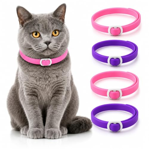 4 Pezzi Collare Antipulci con Zecche per Gatti, Collare Di Pulci Per Gatti, Collares Anti Pulci e Zecche Gattis Di Piccola Taglia, Medio e Grande, Regolabile E Impermeabile, Rosa + Viola(48 CM)