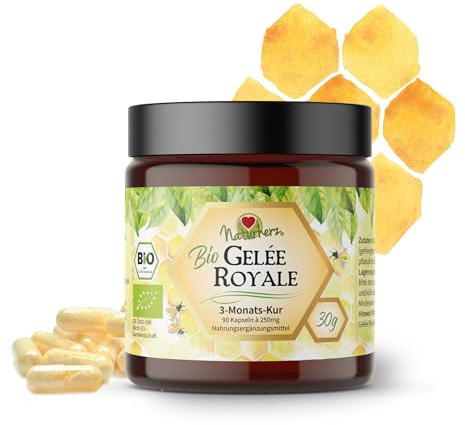 Bio Gelee Royal Kapseln von Naturherz | 100% Gelee Royal Pulver | OHNE Zusätze | 90 Vegi-Caps im praktischen Braungläschen