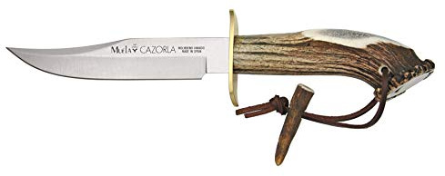 Muela Cuchillo de caza Cazorla CAZ-16 con hoja de acero inoxidable ACX-380 de 16 cm y empuñadura de asta de ciervo de 13,5 cm para Caza, Pesca, Supervivencia y Bushcraft + Portabotellas de regalo
