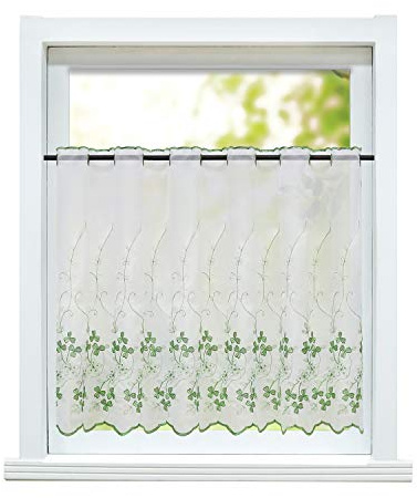 ESLIR Scheibengardine, Kurzgardine Bestickt, Blätter Grün HxB 75x110cm | Landhaus Bistrogardine, Küche Voile Gardinen, Transparent Vorhänge mit Stickerei, 1 Stück