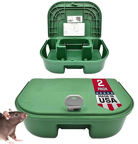 Exterminators Choice Rat Bait Stations - 2-Pack Large Green Bait Boxes - Heavy-Duty with Secure Lock & Key - Outdoor Use for Rats & Mice