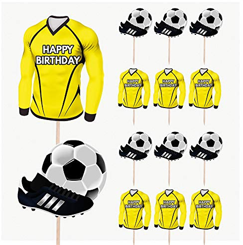 AK Giftshop Football Birthday Cupcakes Cake & Food Decorations Party Picks Toppers - Yellow and Black Team Colours (Pack of 14)