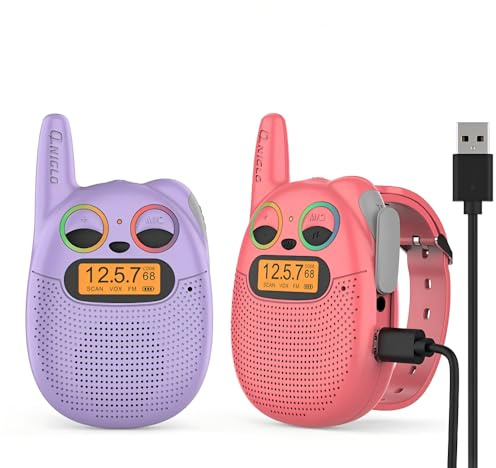 QNIGLO Walkie Talkie Kinder Aufladbar mit FM, 2-5km Reichweite, funkelnden LED-Augen, tragbarer Uhr, Walkie Talkie Spielzeug für Kinder (Rot + Lila, 2 Pack)