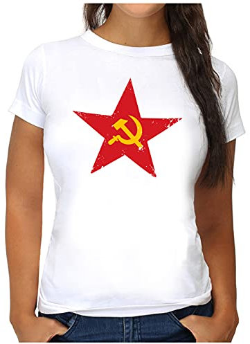 OM3® Retro Soviet-Star T-Shirt - Damen - UDSSR Hammer und Sichel - L, Weiß