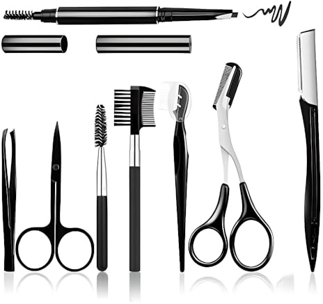 Augenbrauen-Styling-Set für perfekte Augenbrauen, 9 Teile inkl. Schere, Pinzette, Augenbrauenstift schwarz, Trimmer, Kamm, im Kunststoff-Leder-Etui