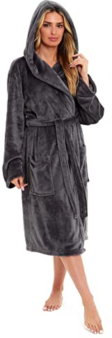 Daisy Dreamer Womens Hooded Dressing Gown Robes Flannel Fleece Long Super Soft Plush Robe Bathrobe Gowns for Ladies (Charcoal, XL)