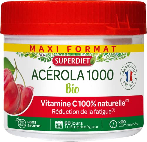 SUPERDIET- ACÉROLA 1000 BIO - Haute concentration en Vitamine C-Réduction de la fatigue -Maxi pot de 60 comprimés à croquer