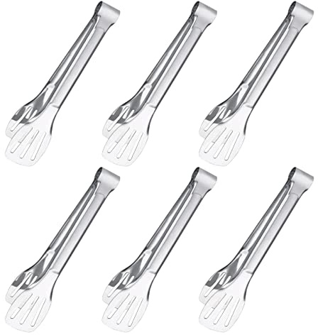 6PCS Serving Tongs, 7Inch Buffet Tongs, Stainless Steel Food Tong Small Serving Utensils for Cooking, Entertaining, Salad, Barbecue, Buffet, Toast and Steak by Sunenlyst (Stainless buffet tongs)