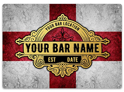 Purple Print House Personalised England Metal Bar Sign, St Georges Day Flag Garden Sign, Football Bar Accessories For Home Pub, Cocktail Gin Bar Custom Text, Gift Idea For Him, Small, White