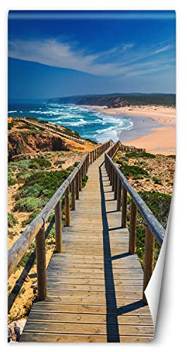 Feeby Türtapete selbstklebend Strand Ozean Fußgängerbrücke 80x210 cm Türposter Türsticker Fototapete Wohnzimmer Schlafzimmer Kinderzimmer Büro Meer Wellen Gras Beige