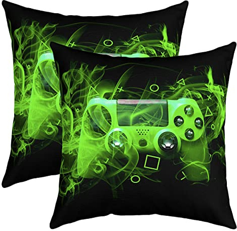 Loussiesd Youth Gaming 2er Set Pillow Covers Player Pillow Cover 45x45cm for Couch Sofa Bed Game Controller Pillow Cover Modern Game Console Action Keys Sofa Cushion Green