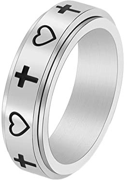 KnBoB Anti Stress Ring Silber, 6MM Edelstahl Ring für Damen Herren Kreuz Herz Spinner Angst Ring Größe 60 (19.1)