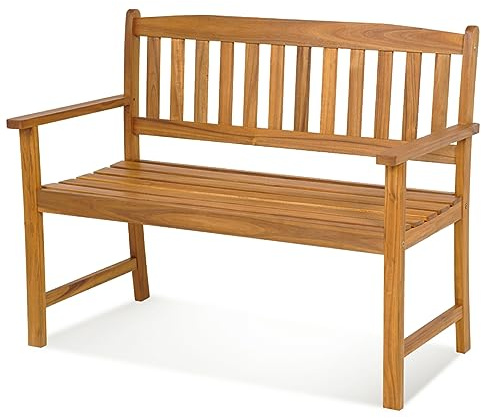 KOMFOTTEU Panca da giardino a 2 posti, in legno di acacia, panca esterna con schienale e braccioli, portata fino a 360 kg, per balcone, giardino, terrazza, natura (110 x 56,5 x 86 cm)