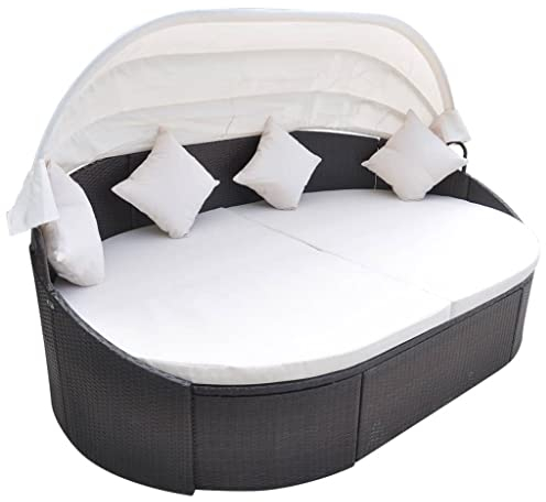 KOIECETA Outdoor Sonneninsel mit Dach Gartenliege Liege Insel Gartenmöbel Lounge Sitzgruppe Gartenmuschel Sonnenliege Poly Rattan Grau (Braun)