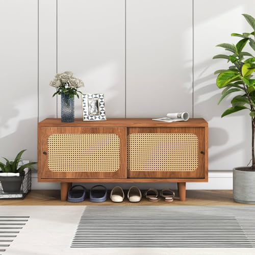 Sweiko Sideboard,Holz-TV-Schrank Kommode mit 2 Rattan-Schiebetüren,Wohnzimmerschrank mit Verstellbare Ablage Walnussfarbe Schuhschrank,Lowboard mit Massivholzbeinen für Schlafzimmer und Wohnräume