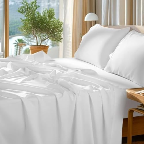 SONORO KATE 100% Egyptian Cotton Sheets Set - 1000 High Thread Count, Luxury 5-Star Hotel Sateen Bed Sheets, Soft, Breathable Long Staple Sheets, Fit up to 16 - 4 PC (White,King)