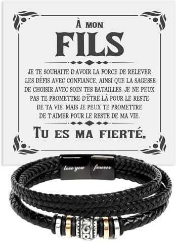 Bracelet pour homme en cuir tressé avec acier inoxydable Mon Fils Idées cadeaux pour lui Noël Anniversaire - Coffret cadeau avec DÉDICACE incluse (B - Mon Fils)