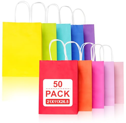 Gucass 50 Stück Mittel Papiertüten mit Henkel, Bunt Kraft Papiertaschen Geschenktüten, 21x11x27cm Papiertragetasche, Geschenktaschen zum Verpacken Einkaufen Geburtstag Partys Hochzeit Weihnachten