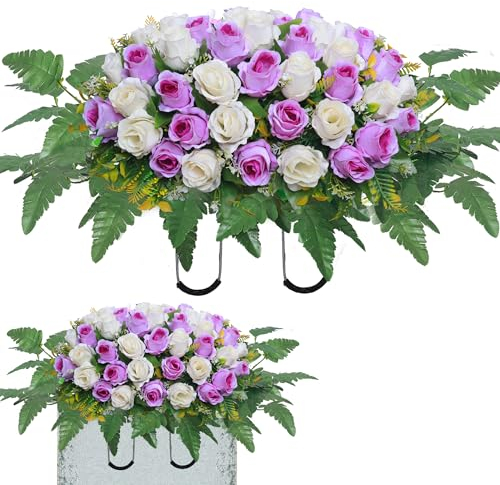Lodou Artificial Cemetery Flower Saddles, Rose Headstone Flower Saddle Outdoor Grave Decorations,Cemetery Memorial Flowers with Vase for Grave Tombstone Decorations (Purple)