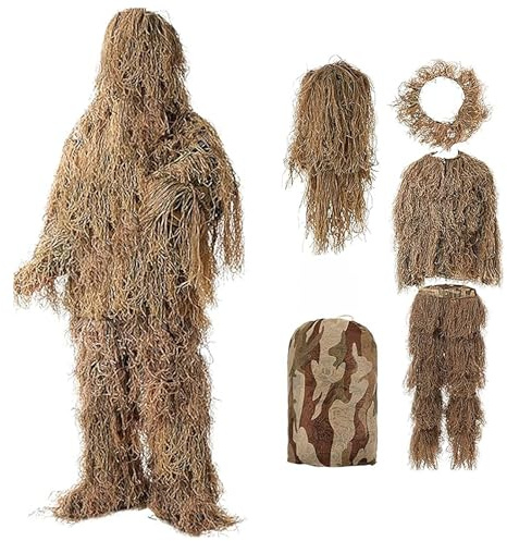 HAZARA 5 in 1 Juego del Ghillie Ropa De Caza De Camuflaje 3D Disfraz De Arbusto Incluyendo Chaqueta,Pantalones,Capucha,Bolsa De Transporte para Adultos/Jóvenes Unisex,DryGrass-Adults