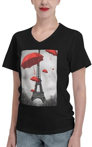 Damen-T-Shirt, schmale Passform, kurzärmelig, V-Ausschnitt, weiche Baumwolle, niedlicher Vogel, Turm mit rotem Regenschirm, XXL