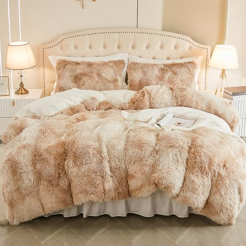 EMME Set di biancheria da letto in peluche, per letto da 200 x 200 cm, con 2 federe da 80 x 80 cm, morbido e soffice, colore marrone sbiadito
