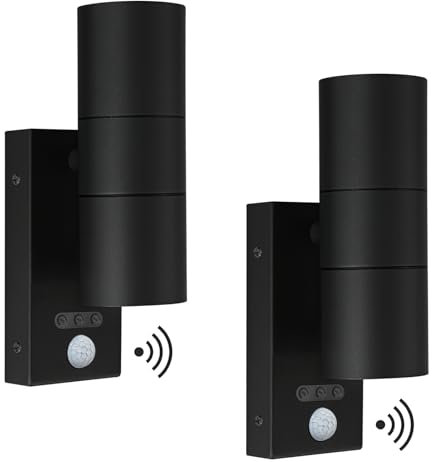Kerry Outside Wall Lights with Sensor, IP65 Waterproof Up Down Outdoor Lighting, External Pir Wall Mount Security Light, Black Stainless Steel Exterior Light Mains Powered - 2 Pack (Bulb Excl.)