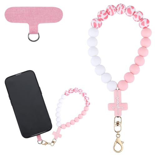 BEEFLYING Silicone Beaded Phone Charm Wrist Strap for Case, Pink Cross | Cellphone Chain with PVC Tether Tab, for Phone Camera Keychains Card Wallets, Hands-Free Wristlet Bracelet