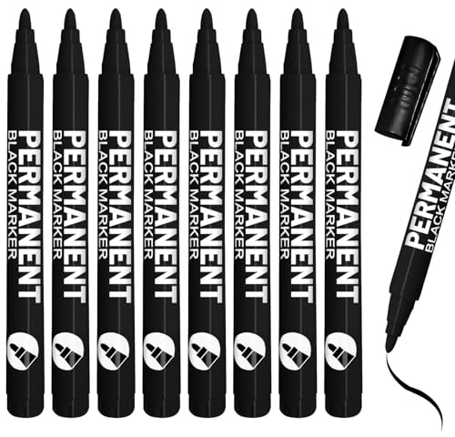 Nadiaen 8 Pcs Permanent Marker Pens - Waterproof Black Ink for Fabric, Plastic, Wood, Metal, Glass, Rocks Painting
