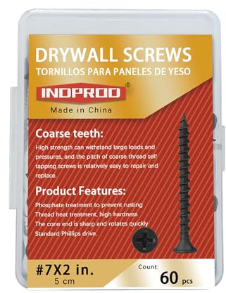 INDPROD Drywall Screws Kit #7 x 2-Inch, Coarse Thread Wood Screws, Bugle Head Phillips Drive Sheetrock Screws Set, Self Tapping Dry Wall Screws, Phosphate Coated Finish, Sharp Point, Black, 60 Pack
