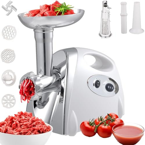 Picadora de carne eléctrica, 800W, máquina para hacer salsa de tomate o salchichas con 3 placas, tubos para embutir salchichas, picadora de carne y embutidora de salchichas de acero inoxidable(White)