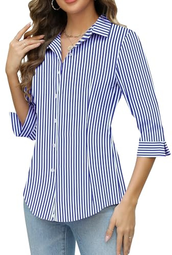 HOTOUCH Women Blue and White Striped Shirt 3/4 Sleeve Button Up Shirts Collared Office Work Shirt