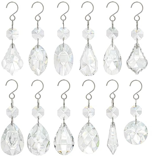 12 Stück Kronleuchterprismen aus Glaskristall, Regenbogen Hängekristalle, Sonnenfänger für Fenster, Heimdekoration (klar) | Kristallprismen, facettiert, handgefertigt. Ornament & Fensterdeko für Wohnzimmer, Büro oder Garten. Mit Aufhängung.