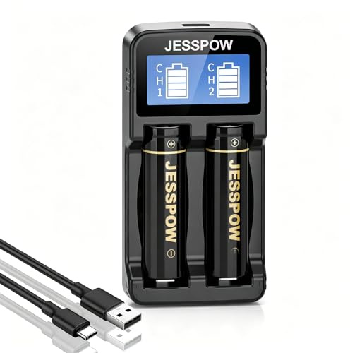 3,7V Akku mit Ladegerät, Flat Top 3,7 Volt Batterie für Taschenlampe, Stirnlampen, Ferngesteuerte Autos [2 Stück Akku, 18x64.01mm]