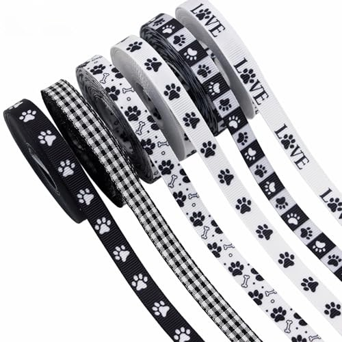 HICOHAND Schleifenband mit Pfotenabdruck, 6 Rollen, 27,7 m, Pfotenband-Set, schwarzes und weißes Satin, dekoratives Ripsband zum Basteln, für Geschenke, Geschenkverpackungen