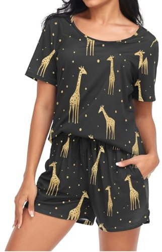 Mnsruu Conjunto de pijama de manga corta para mujer, diseño de jirafa dorada, con bolsillo, talla S, G408, M
