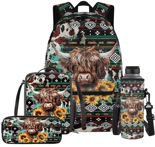 YDFISH Highland Cow Middle School Backpack for Girls Native Aztec Kids School Bag with Lunch Bag & Pen Case Girls Backpack 10-12 Years Old Casual Travel Bookbag Satchel Laptop Bags Daypack