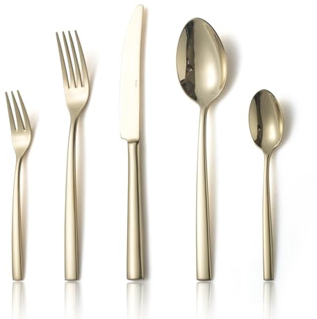 Alata Konrad 18/10 Edelstahl Poliert Champagner Gold Besteck Set 12 Personen, Essbesteck 60 teilig, Monobloc-Messer, Glänzend, Spülmaschinenfest