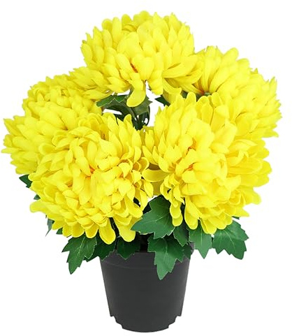 Kunstblume Chrysantheme im Topf Balkonpflanze Balkon-Pflanze Blume Busch Deko Dekoblume Hochzeit Chrysanthemenbusch Herbstdeko Herbstblume künstlich Kunstpflanze Pflanze Realistisch Topfpflanze, Gelb