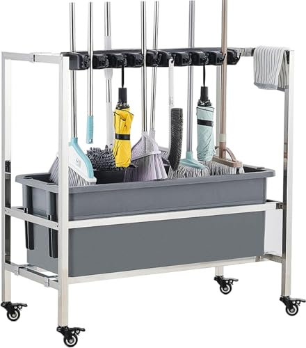 Soporte móvil para escobas y trapeadores, carritos con Ruedas para Suministros de Limpieza, Estante para baldes de trapeadores, Armario para escobas, gabinete de Almacenamiento, es