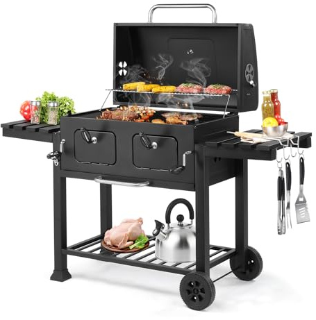 Outopee Large Charcoal BBQ Grill, 2 in 1 Barbecue with Foldable Side Tables