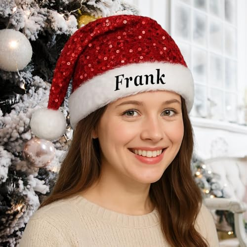 Fegiuly Weihnachtsmütze mit individuellem Namen, personalisierte Pailletten-Weihnachtsmütze mit Stickerei, für Erwachsene, Neujahrsgeschenk