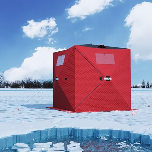 Pop Up Ice Fishing Tent Fully Insulated, Portable 1-8 Person Ice Fishing Shelter, Waterproof Oxford Fabric, Winter Windproof Hut Snow Hub with Anchors, Ropes & Carry Bag, Red
