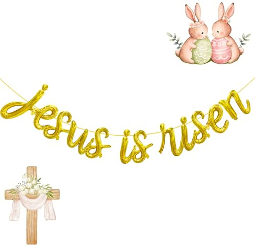 Jesus is Risen Gold Balloons Banner for Easter Party Decorations 18Inch Mylar Letter Balloons Banner Garland Spring Themed Party Supplies, He is Risen Christian Decorations for Church Mantle Fireplace