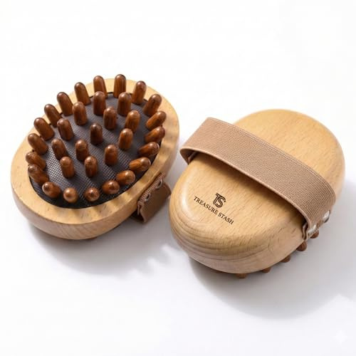 Treasure Stash Beech Wood Body Brush with Massage Beads – Natural Dry Body Brush with Hand Strap – Exfoliating Skin Brush for Cellulite, Lymphatic Drainage & Smooth Skin – Wooden Spa Brush