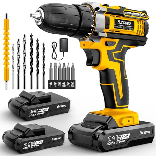 Sundpey 21V Cordless Drill Set with 2 x 2.0Ah Rechargeable Batteries, 18+1 Torque, 2 Speed, 3/8 Keyless Chuck, Battery Powered Drill Driver for DIY & Home Projects