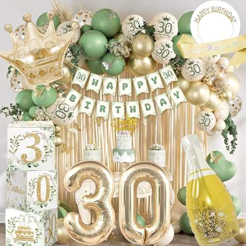 Decoración 30 Cumpleaños Mujer – Verde y Dorado, Globos 30 Años con Corona, Banda, Cortina de Lametta, Banderín Happy 30th Birthday – Accesorios de Fiesta para Mujer de 30 Años, Set Completo