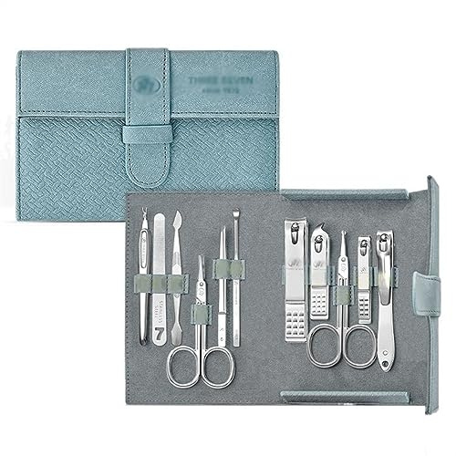 Manikyrkit Manikyrset Professionell 11 i 1 nagelklippningsset, manikyrsats kolstål med PU-läderfodral, nagelvårdssats for kvinnor Resa(Blue)