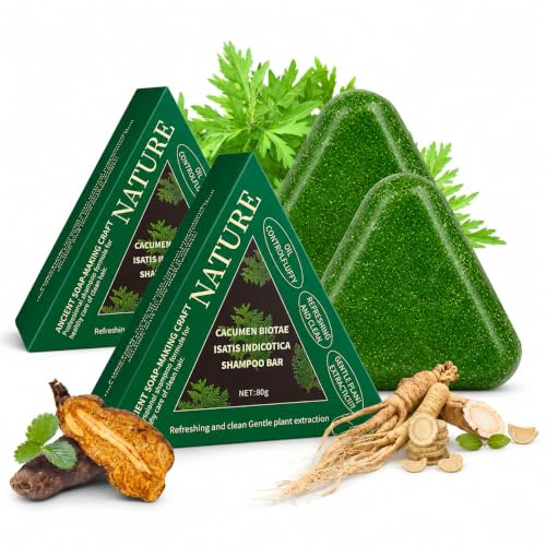 2Pcs Natural Triangle Shampoo Bar - Seven Green Herbal Solid Shampoo Soap with Usman Grass, Vegan Scalp Care Cleansing Bar for Stronger-Looking, Smooth Hair, Travel & Daily Wash