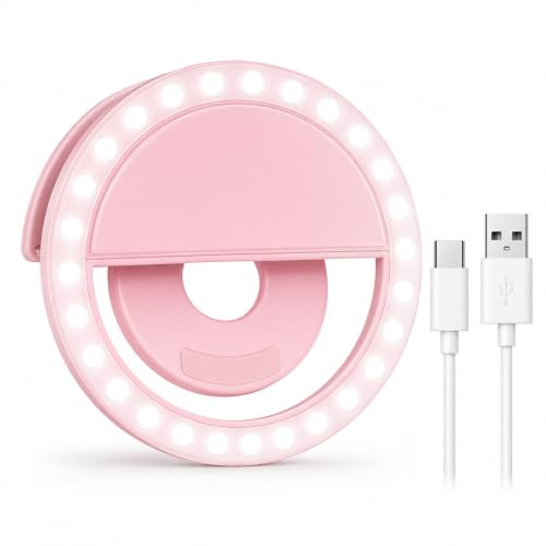 Selfie Ring Light, Rechargeable Portable Clip-on Selfie Fill Light with Strong LED for Andriod and All Smart PhonesPhotography, Camera Video, Girl Makes up, Rotatable Flash Lamp (PINK)